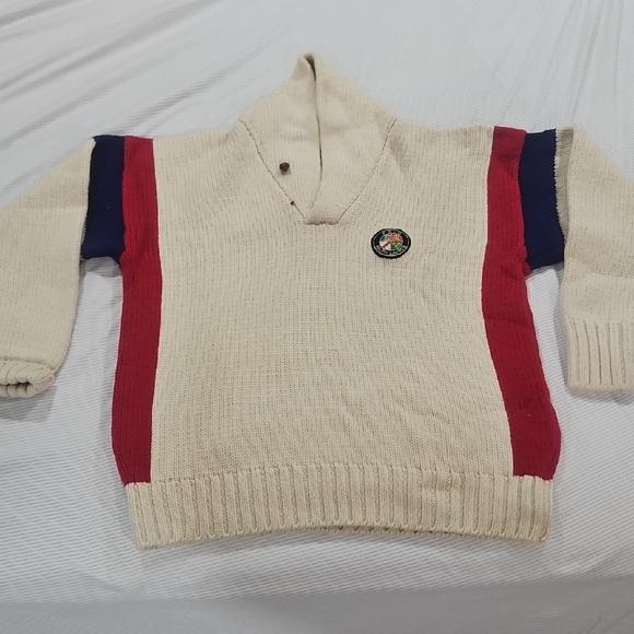 Polo Ralph Lauren Vintage Cookie Cream V-Neck Sweater with Red & Navy Panels